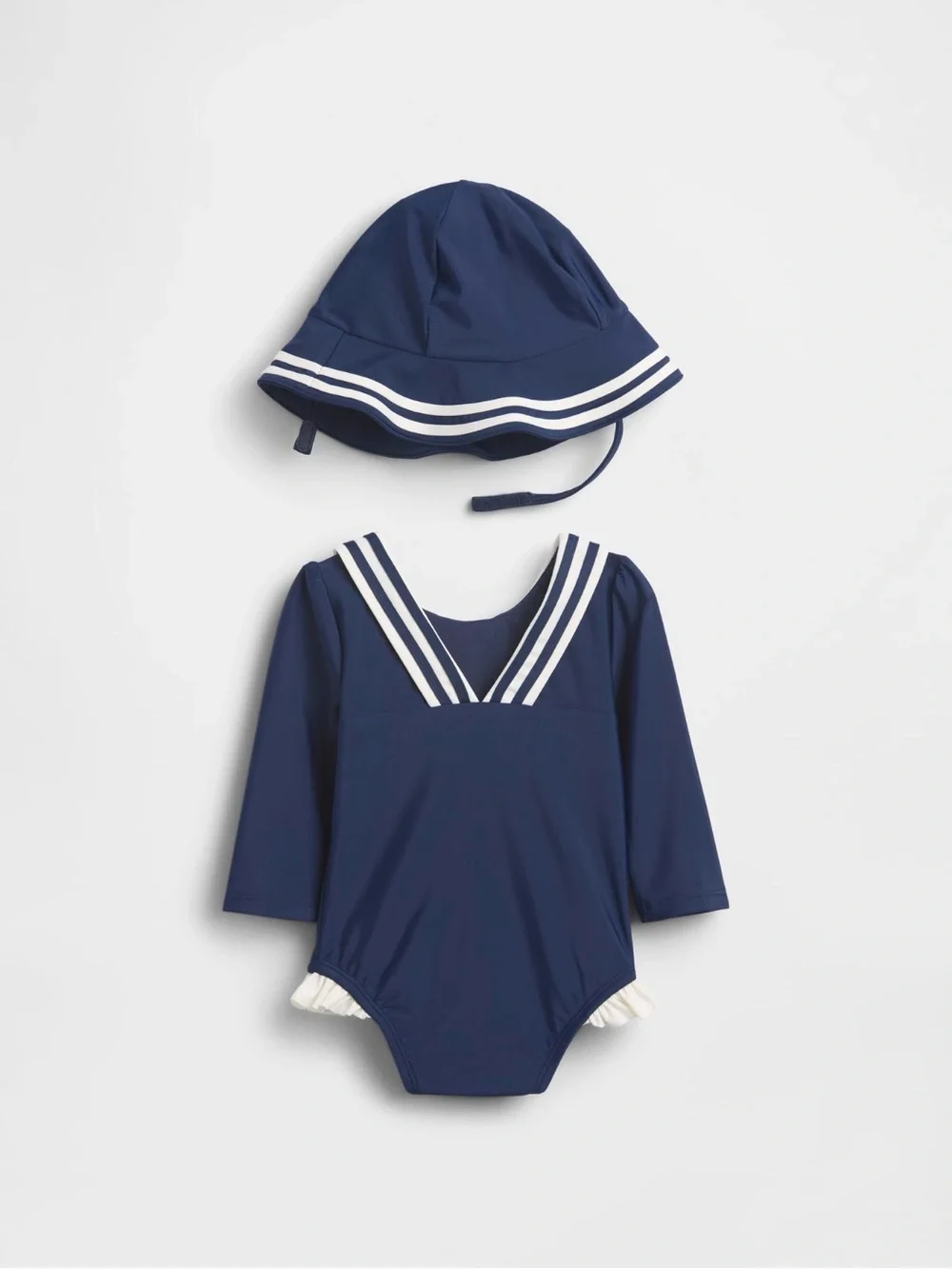 GAP Baby Sailor  Navy Blue One-Piece Swimsuit with White Trim and Matching Hat
